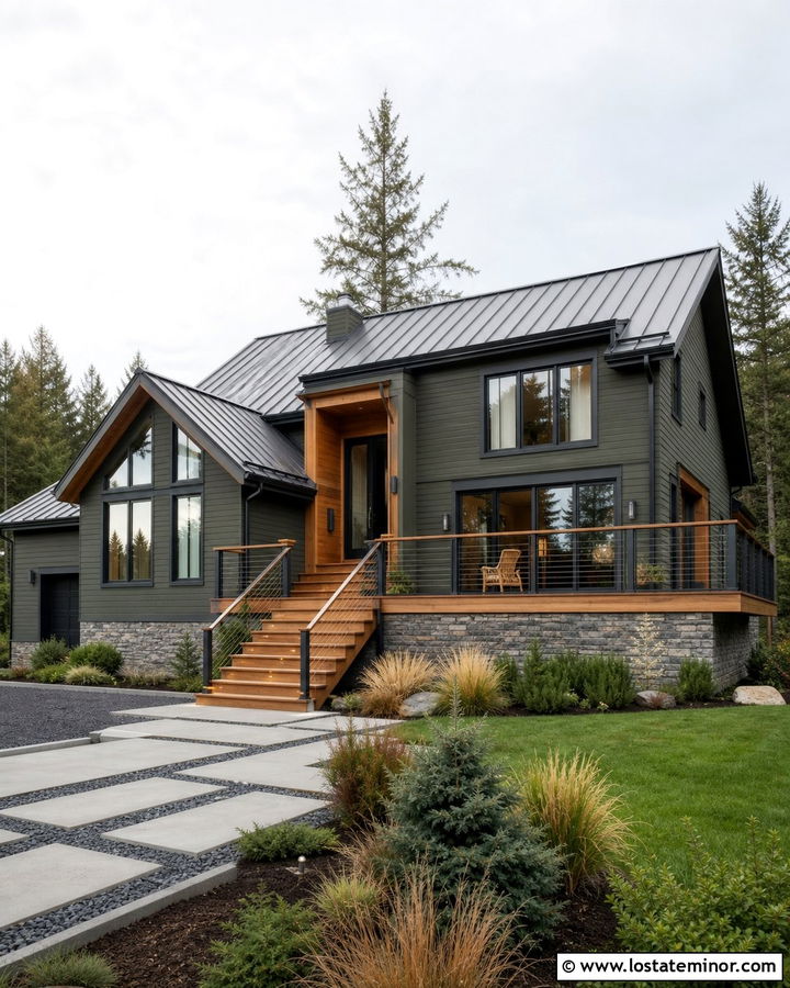 Moss Green House With Cable Railing Deck - 30 Moss Green House Design With Deck Ideas