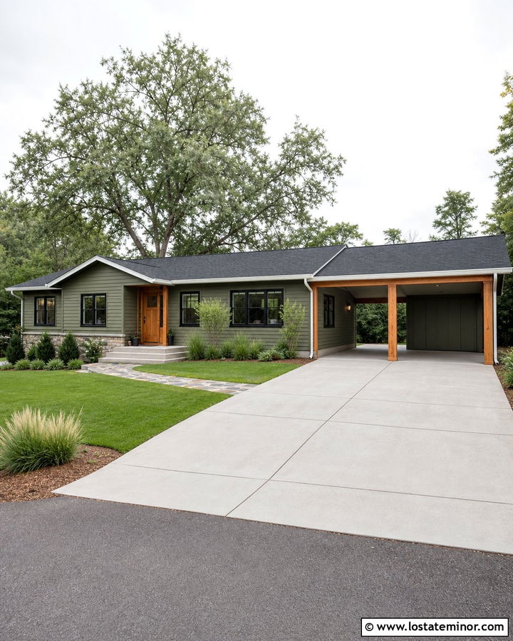 Moss Green House With Carport Driveway - 30 Moss Green House Design With Driveway Ideas