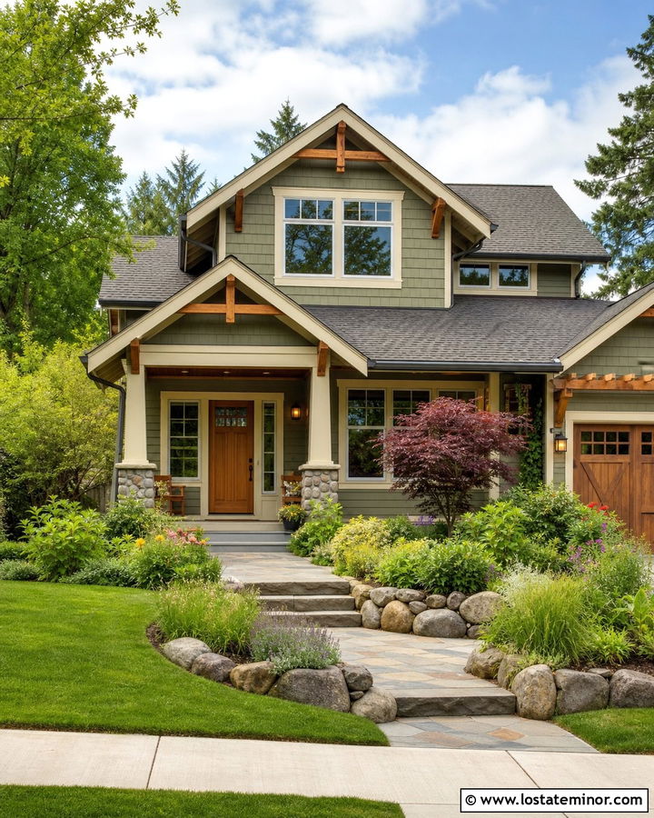 Moss Green House With Cedar Accents And Native Shrubs - 30 Moss Green House Design With Landscaping Ideas