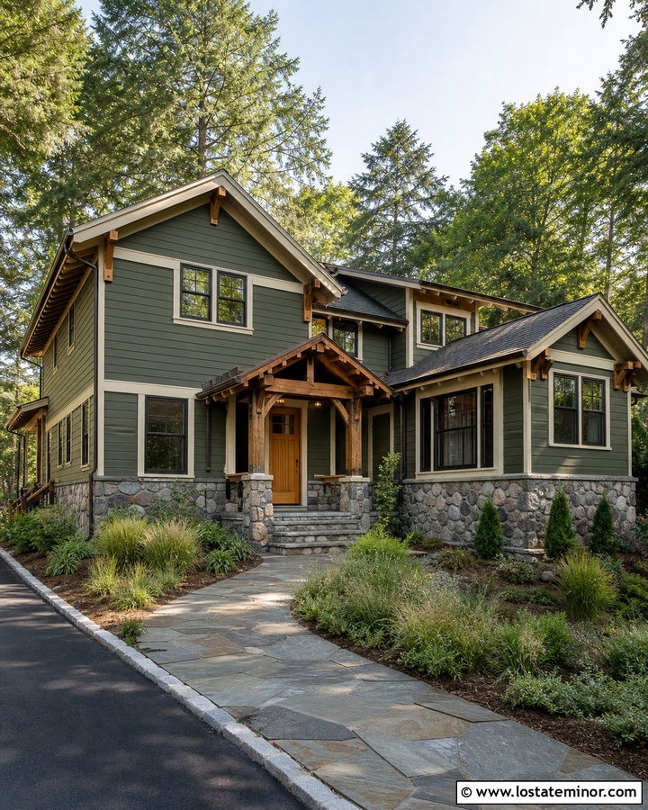 Moss Green House With Cedar Entry Awning - 30 Moss Green House Design With Awning Ideas