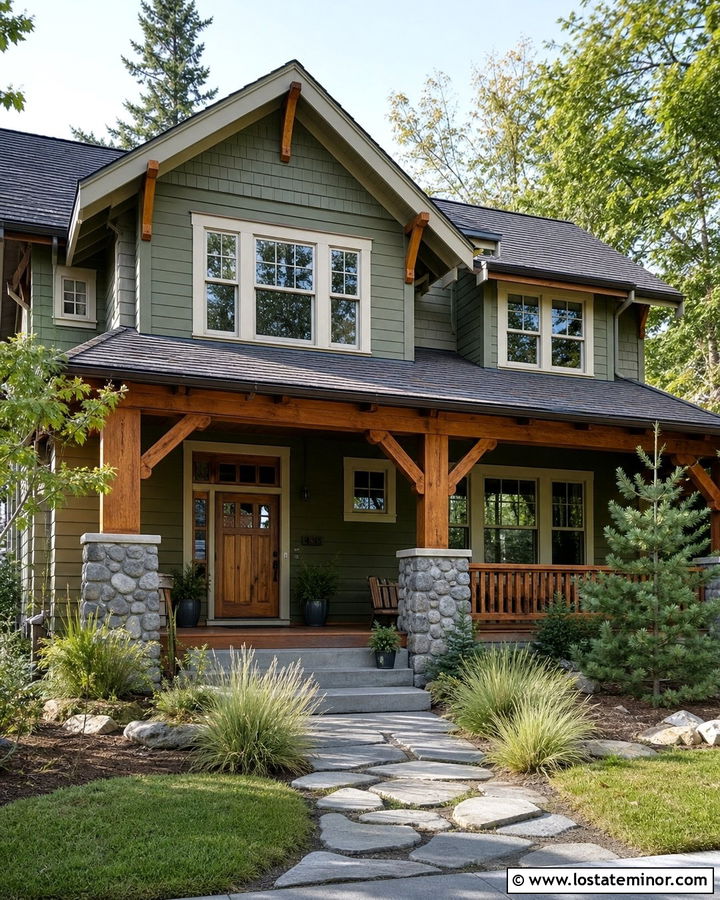 Moss Green House With Cedar Front Porch - 30 Moss Green House Design With Front Porch Ideas