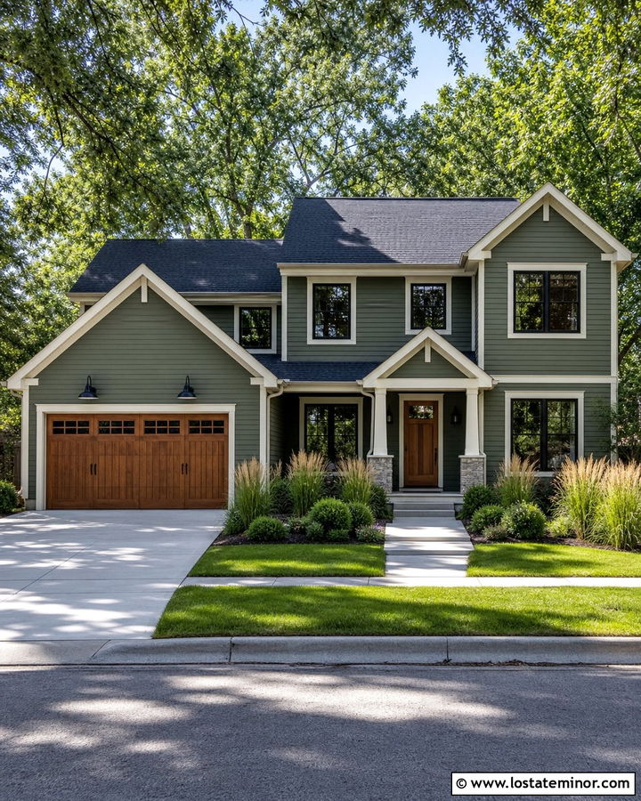 Moss Green House With Cedar Garage Doors - 30 Moss Green House Design With Lighting Ideas