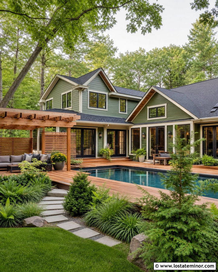 Moss Green House With Cedar Pool Deck - 30 Moss Green House Design With Swimming Pool Ideas