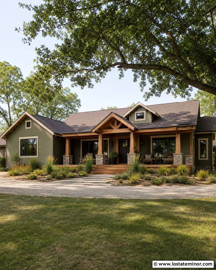 Moss Green House With Cedar Porch And Brown Roof - 30 Moss Green House Design With Roof Ideas