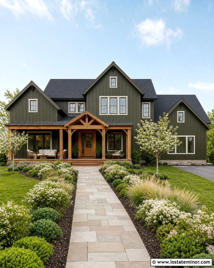 Moss Green House With Cedar Porch - 30 Moss Green House Design With Front Yard Ideas