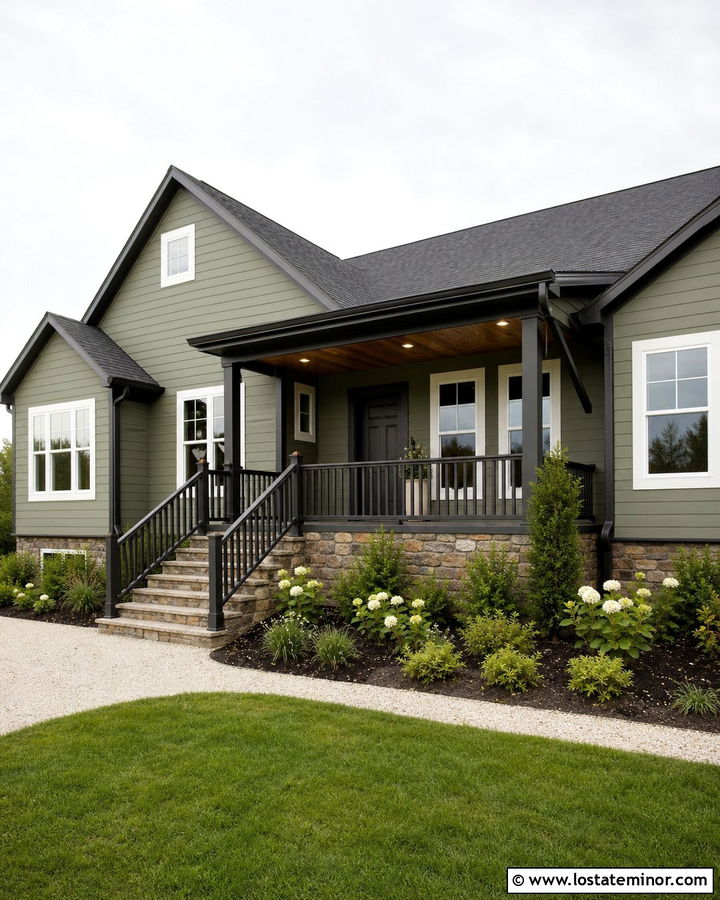 Moss Green House With Charcoal Front Porch - 30 Moss Green House Design With Front Porch Ideas