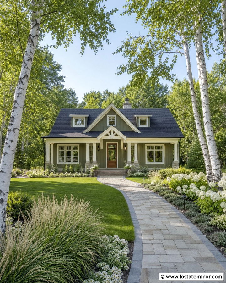 Moss Green House With Charcoal Roof And Birch Trees - 30 Moss Green House Design With Landscaping Ideas