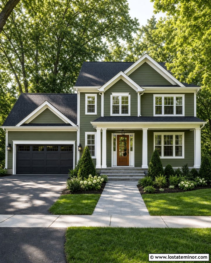 Moss Green House With Charcoal Roof And White Accents - 30 Moss Green House Design With Accents Ideas