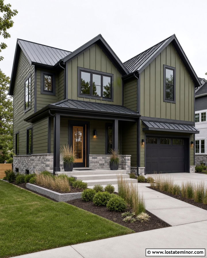 Moss Green House With Charcoal Trim And Black Storm Door - 30 Moss Green House Design With Storm Door Ideas