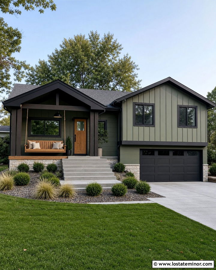 Moss Green House With Charcoal Trim And Wood Swing - 30 Moss Green House Design With Swing Ideas