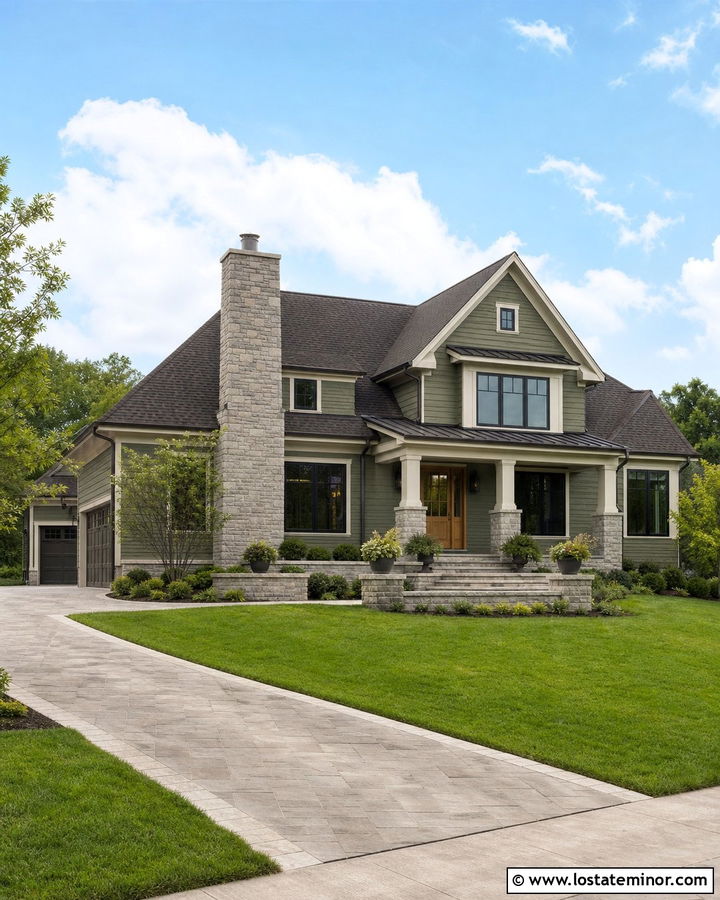 Moss Green House With Chimney And Stone Entry - 30 Moss Green House Design With Chimney Ideas