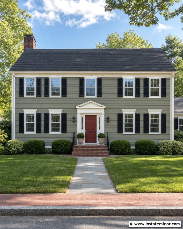 Moss Green House With Classic Red Entry Door - 30 Moss Green House Design With Entry Door Ideas