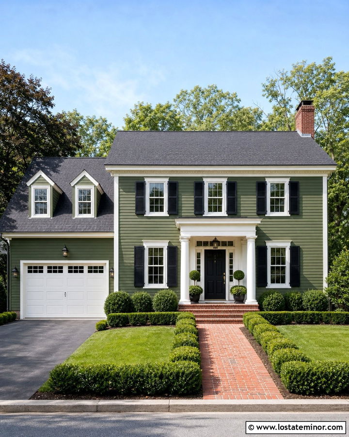 Moss Green House With Colonial Garage Door - 30 Moss Green House Design With Garage Door Ideas