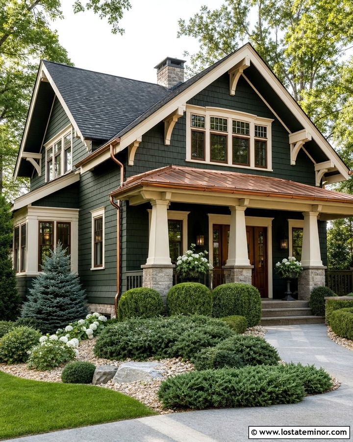 Moss Green House With Copper Accents And Evergreen Beds - 30 Moss Green House Design With Landscaping Ideas