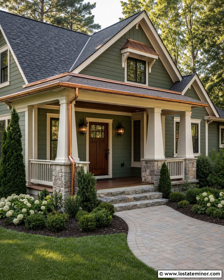 Moss Green House With Copper Front Porch Accents - 30 Moss Green House Design With Front Porch Ideas