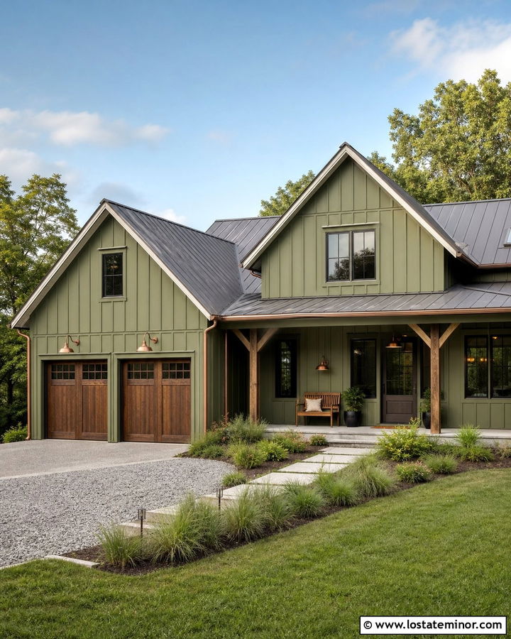 Moss Green House With Copper Gooseneck Lights - 30 Moss Green House Design With Light Fixtures Ideas