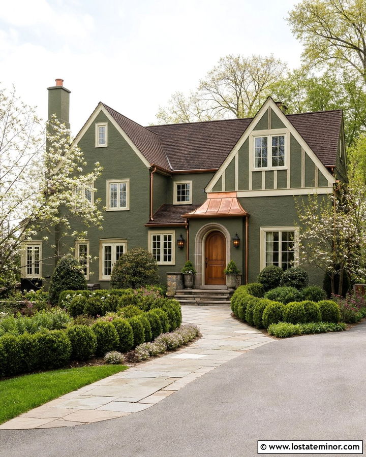 Moss Green House With Copper Gutters And Wood Accents - 30 Moss Green House Design With Accents Ideas
