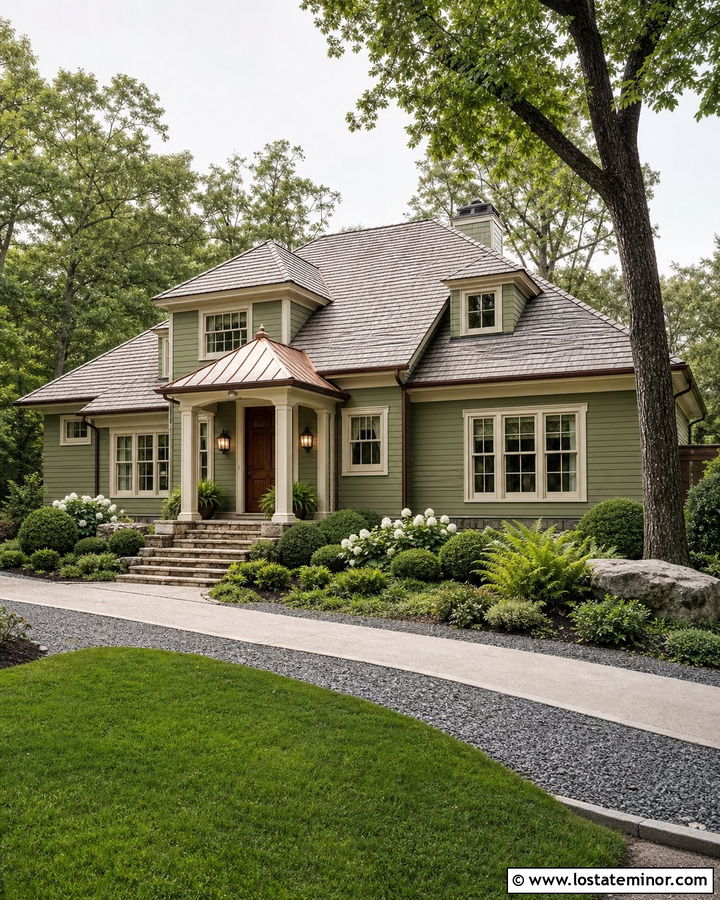 Moss Green House With Copper Portico Roof - 30 Moss Green House Design With Portico Ideas