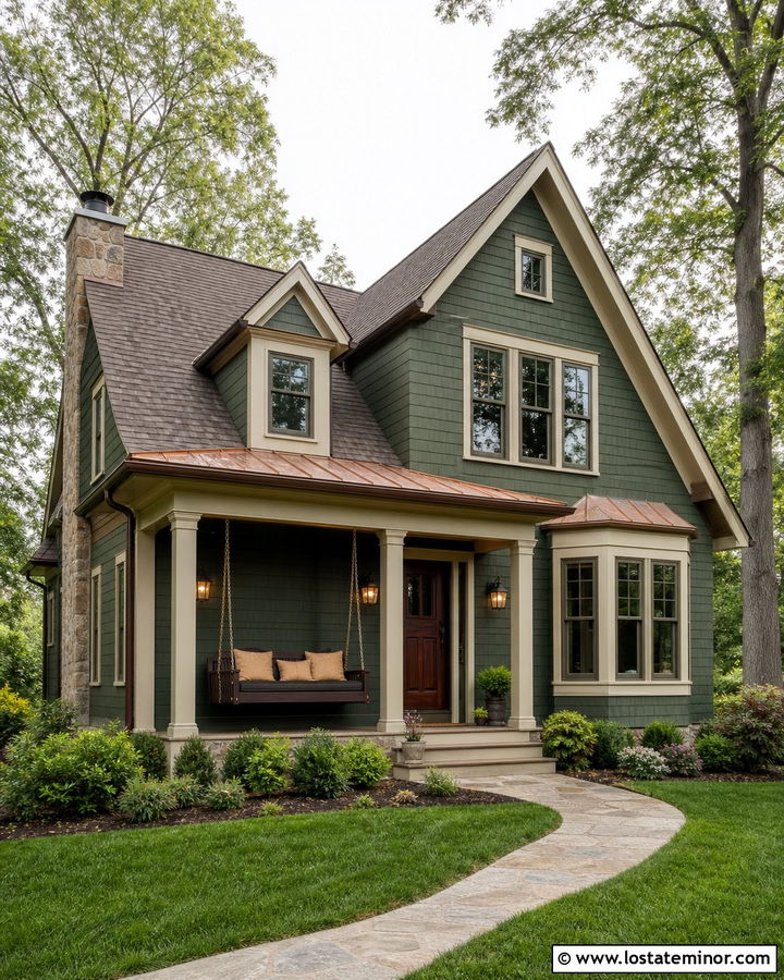 Moss Green House With Copper Roof And Swing - 30 Moss Green House Design With Swing Ideas