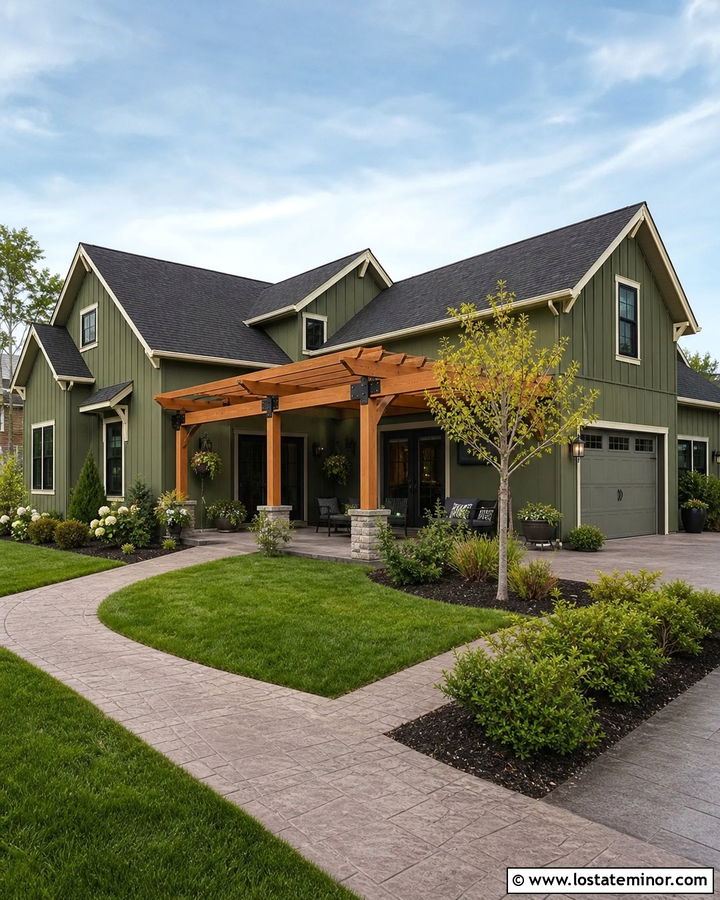 Moss Green House With Corner Pergola - 30 Moss Green House Design With Pergola Ideas