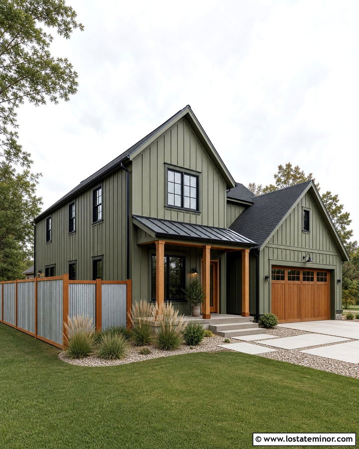 Moss Green House With Corrugated Metal Fence - 30 Moss Green House Design With Fence Ideas