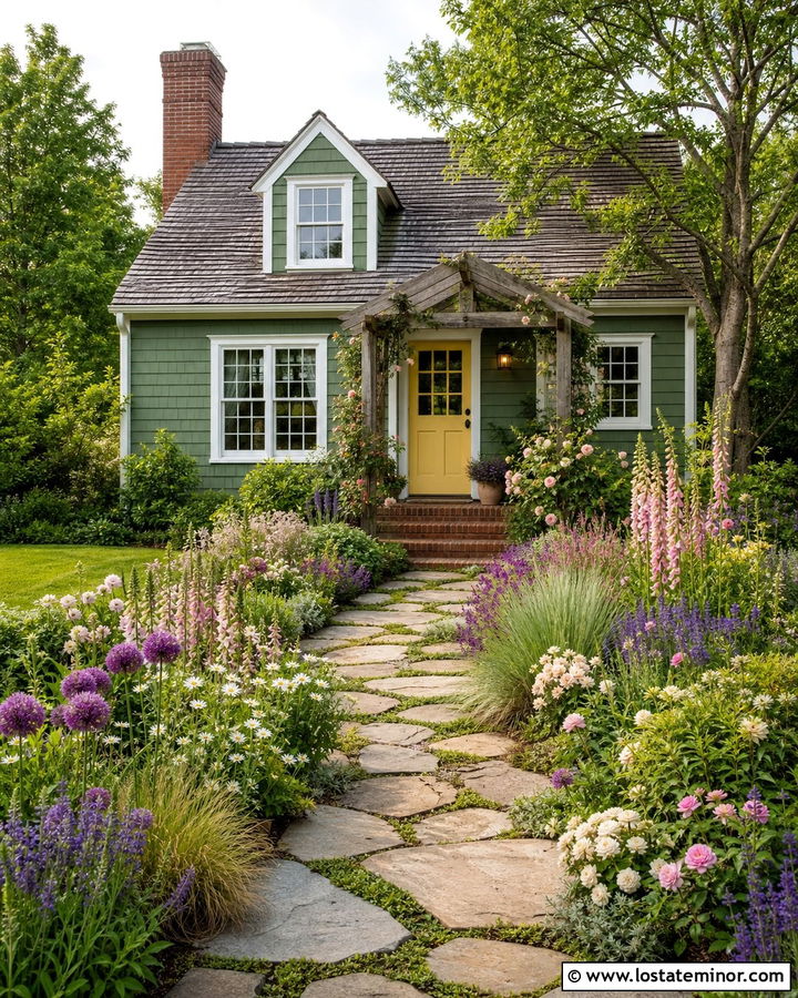 Moss Green House With Cottage Front Yard - 30 Moss Green House Design With Front Yard Ideas