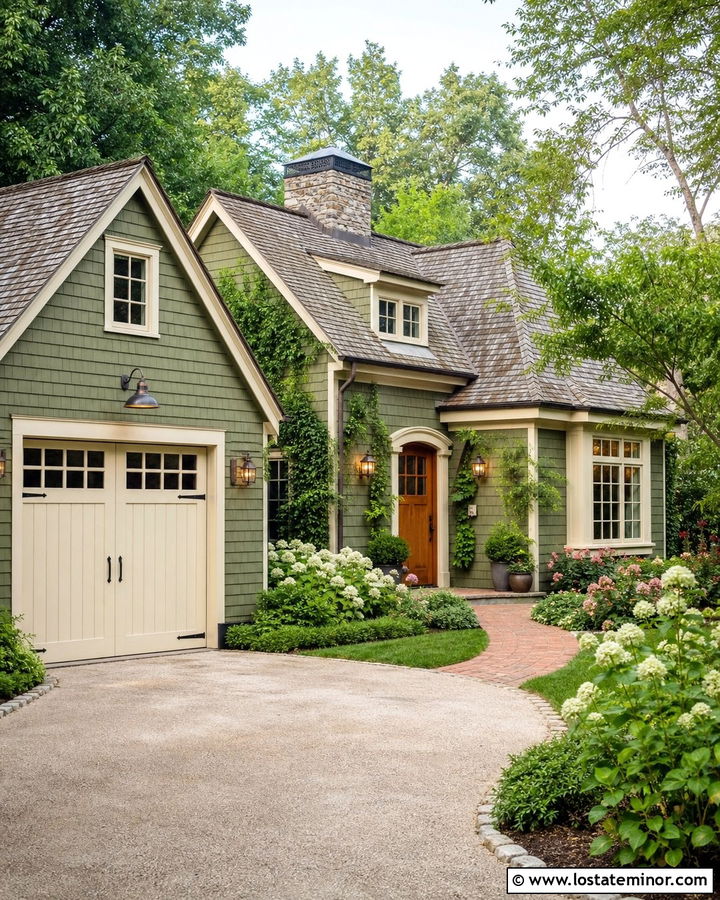 Moss Green House With Cottage Garage Door - 30 Moss Green House Design With Garage Door Ideas