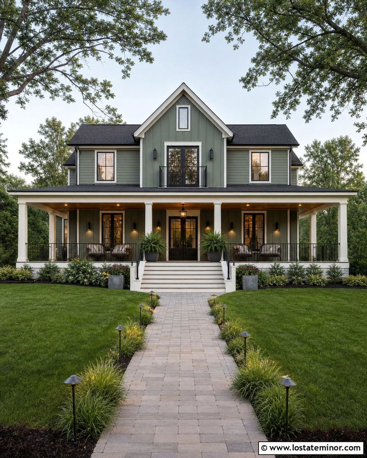 Moss Green House With Covered Porch Lighting - 30 Moss Green House Design With Lighting Ideas