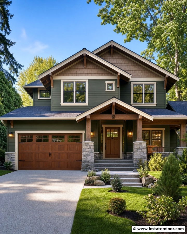 Moss Green House With Craftsman Garage Door - 30 Moss Green House Design With Garage Door Ideas
