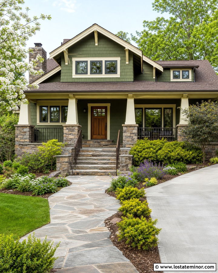 Moss Green House With Craftsman Stone Steps - 30 Moss Green House Design With Steps Ideas
