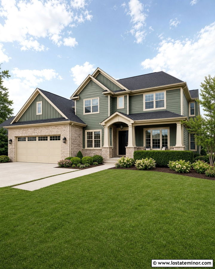 Moss Green House With Cream Brick Accents - 30 Moss Green House Design With Brick Accents Ideas