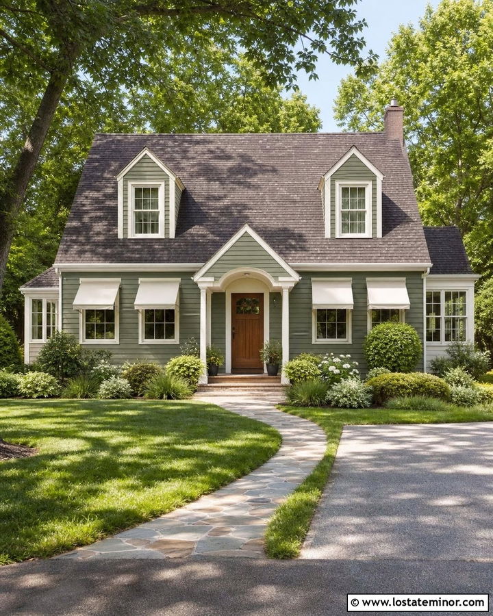 Moss Green House With Cream Canvas Awnings - 30 Moss Green House Design With Awning Ideas