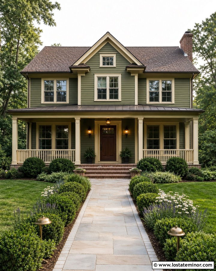 Moss Green House With Cream Trim - 30 Moss Green House Design With Lighting Ideas
