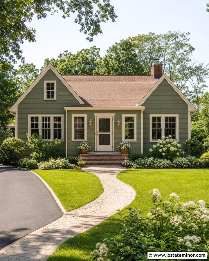 Moss Green House With Cream Trim And Almond Storm Door - 30 Moss Green House Design With Storm Door Ideas
