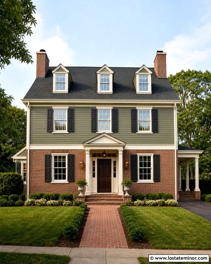 Moss Green House With Cream Trim And Brick - 30 Moss Green House Design With Brick Accents Ideas