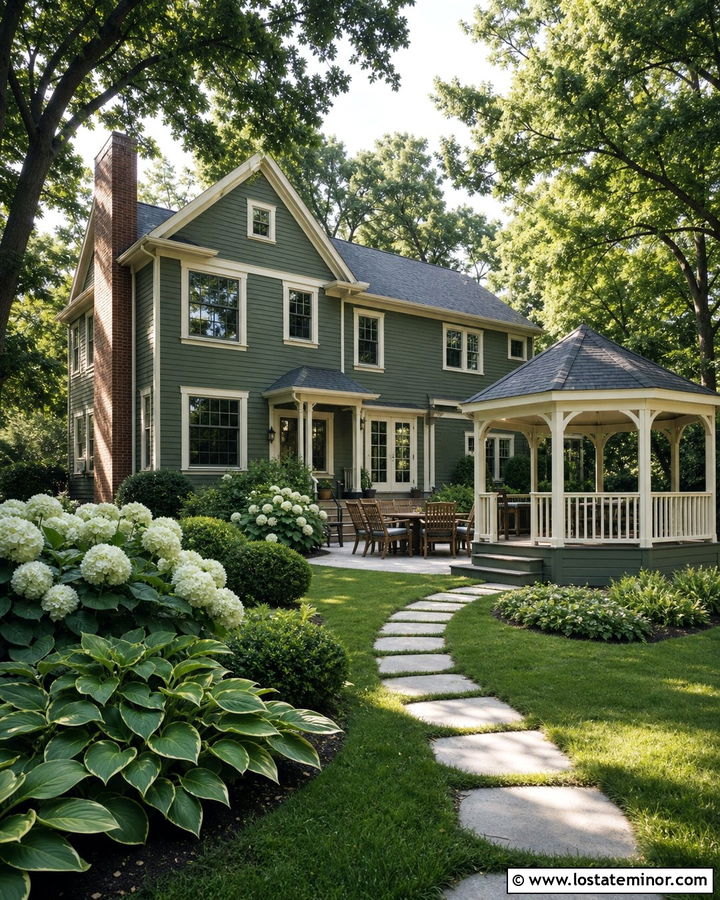 Moss Green House With Cream Trim And Gazebo - 30 Moss Green House Design With Backyard Ideas