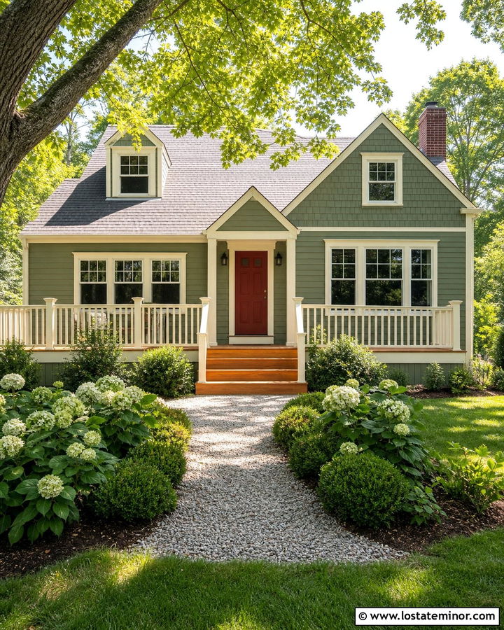 Moss Green House With Cream Trim And Oak Deck - 30 Moss Green House Design With Deck Ideas