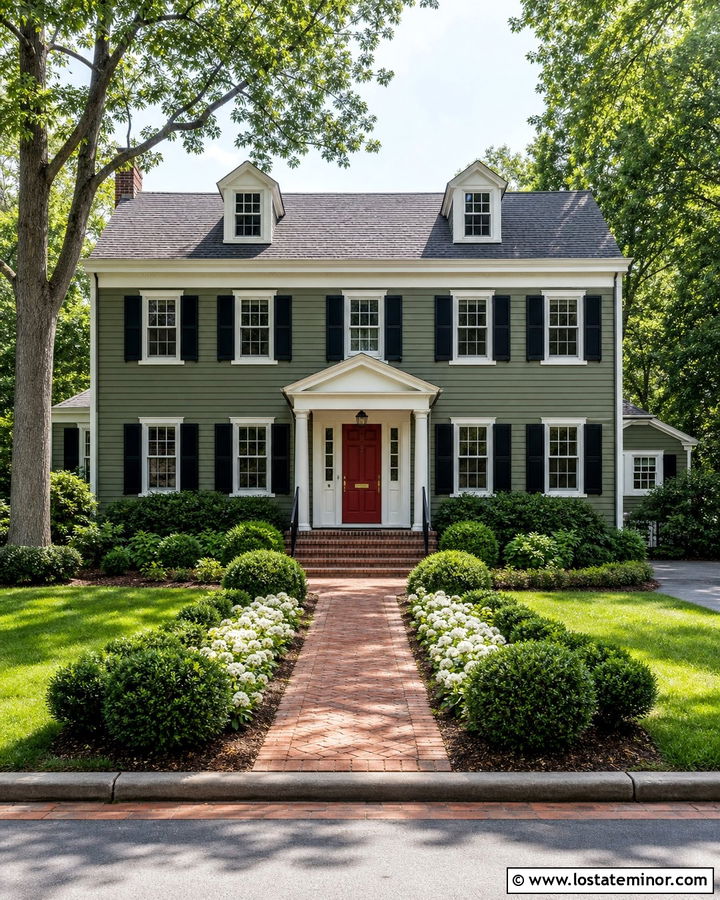 Moss Green House With Cream Trim And Red Door - 30 Moss Green House Design With Accents Ideas