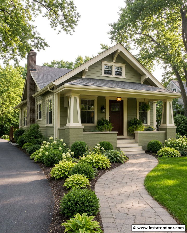 Moss Green House With Cream Trim - 30 Moss Green House Design With Front Yard Ideas