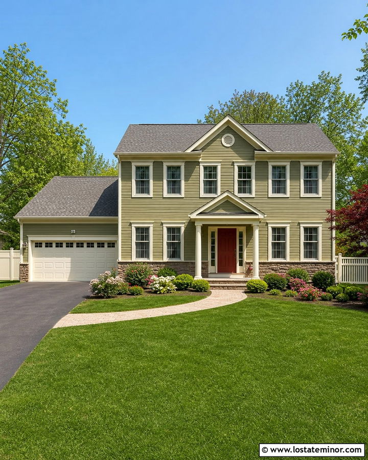 Moss Green House With Cream Vinyl Fence - 30 Moss Green House Design With Fence Ideas