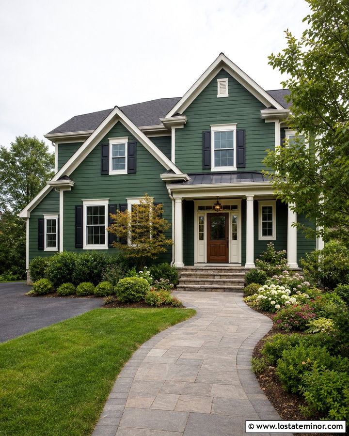 Moss Green House With Curved Paver Walkway - 30 Moss Green House Design With Walkway Ideas