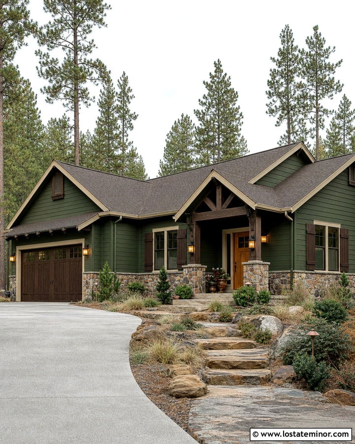 Moss Green House With Dark Brown Garage Door - 30 Moss Green House Design With Garage Door Ideas