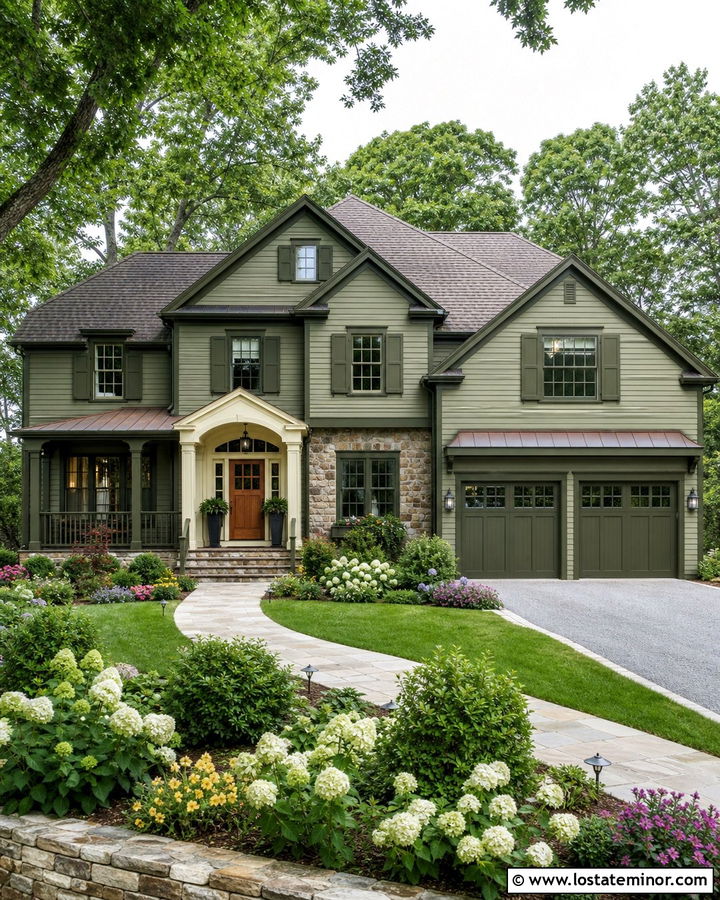 Moss Green House With Dark Olive Trim - 30 Moss Green House Design With Trim Ideas