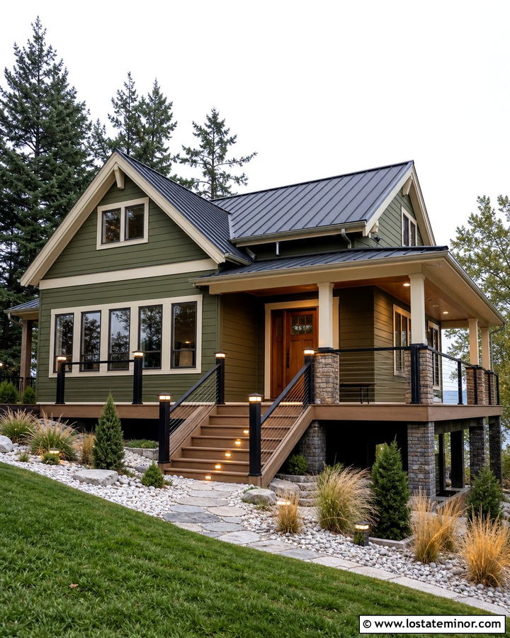 Moss Green House With Deck Step Lights - 30 Moss Green House Design With Lighting Ideas