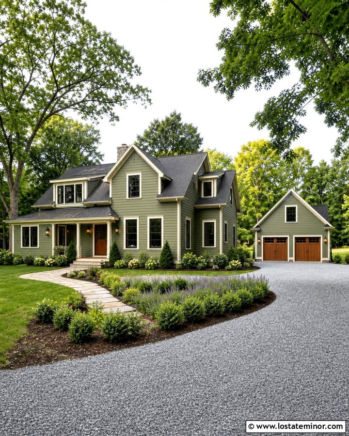 Moss Green House With Detached Garage Driveway - 30 Moss Green House Design With Driveway Ideas