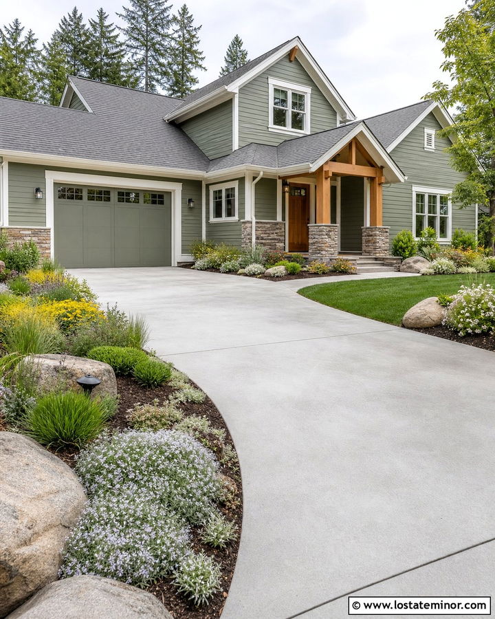Moss Green House With Driveway Garden Border - 30 Moss Green House Design With Driveway Ideas