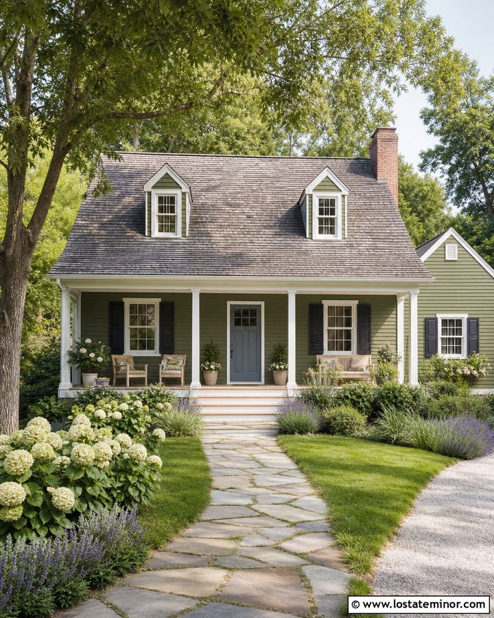 Moss Green House With Dusty Blue Door And White Trim - 30 Moss Green House Design With Accents Ideas