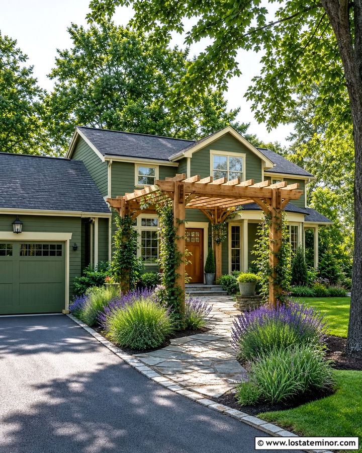 Moss Green House With Entry Walkway Pergola - 30 Moss Green House Design With Pergola Ideas
