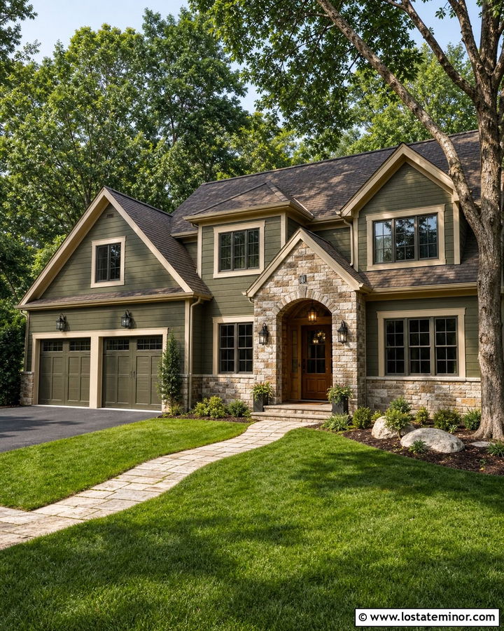 Moss Green House With Existing Stone Veneer - 30 Moss Green House Design With Stone Accents Ideas