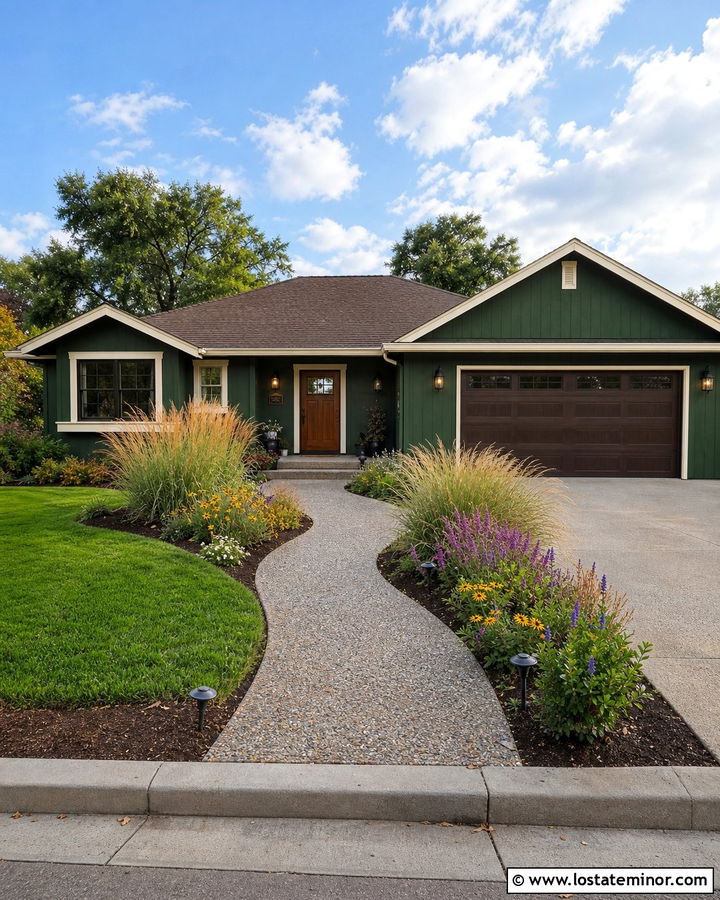 Moss Green House With Exposed Aggregate Walkway - 30 Moss Green House Design With Walkway Ideas
